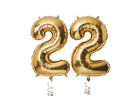 Photo of golden foil balloons forming the number twentytwo isolated on a transparent background