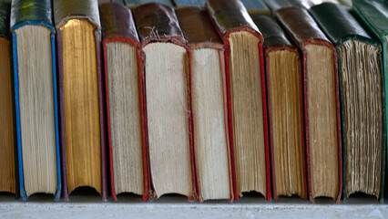 Old antique leather bound books on a bookcase shelf