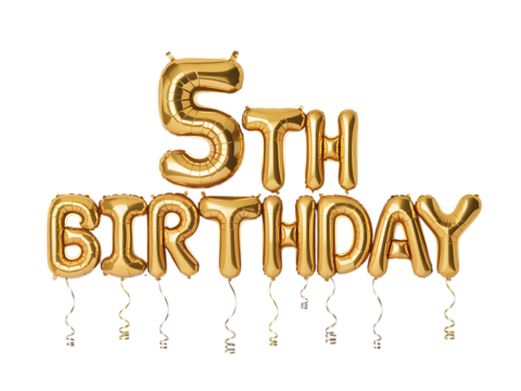 Photo of golden foil balloons spelling out 5th birthday with dangling ribbons isolated on white isolated on transparent background