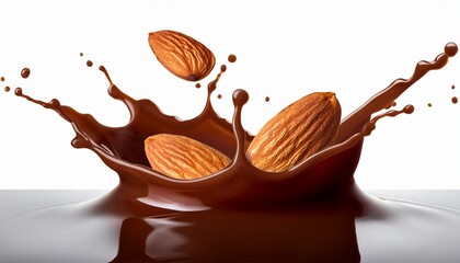 almond and chocolate splash isolated on white background