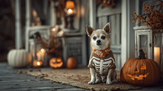 A small tan Chihuahua wearing a skeleton costume sits on a mat. Halloween decorations include carved pumpkins and lanterns in the background.