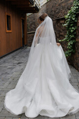 Bridal figure walking along stone path in elegant white gown with flowing veil