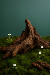 AI-generated nature backdrop with moss, wood and soft flowers
