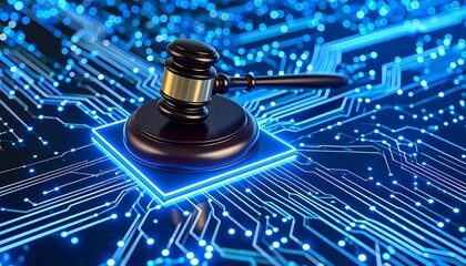 Gavel on a circuit board, digital interface