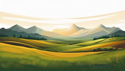 Fototapeta premium vast empty summer spring landscape with mountain range in the distant horizon isolated white background warm hues and green grass