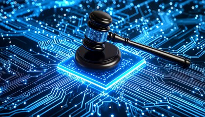 Gavel on a computer circuit board.  Digital, law, tech