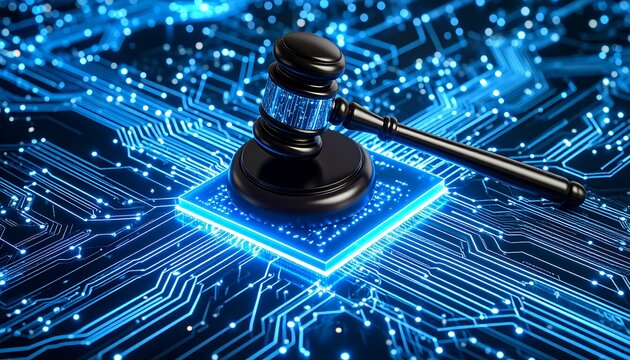 Gavel on a computer circuit board.  Digital, law, tech