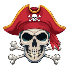Pirate skull and crossbones, red bandana with white skulls on it, simple cartoon-style drawin