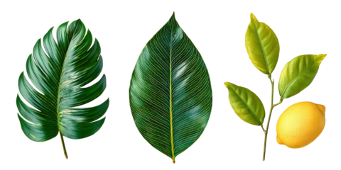 Citrus Mix of Orange Lemon Grapefruit Leaves Displaying Gloss Highlights and Flavor Diversity, with Transparent Background