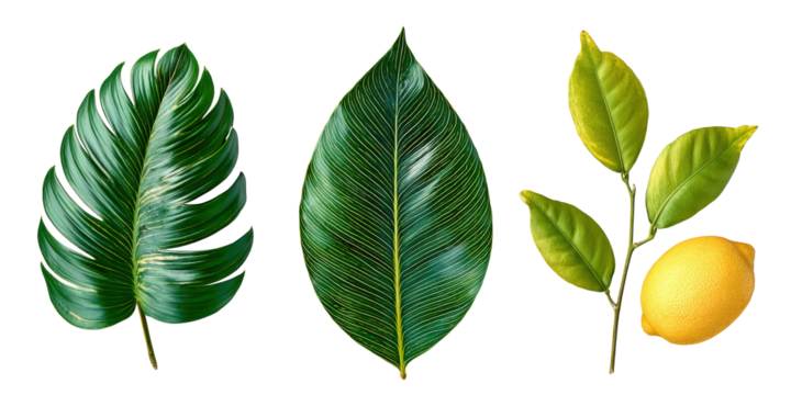 Citrus Mix of Orange Lemon Grapefruit Leaves Displaying Gloss Highlights and Flavor Diversity, with Transparent Background