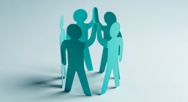 Teal paper figures forming circle, hands raised in unity, symbolizing teamwork, collaboration, and community spirit