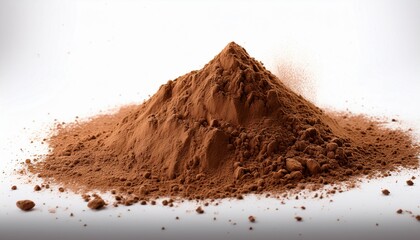 brown powder mound on a white background with scattered particles