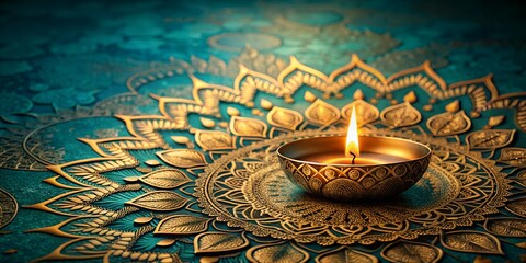Photo of a beautifully ornate diya lamp glows warmly on a teal and gold mandala pattern, symbolizing peace and tradition