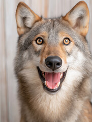 Fototapeta premium Smiling wolfdog portrait with fur, ears, and cute expression