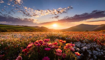 field of flowers embroidered with sunrise in background