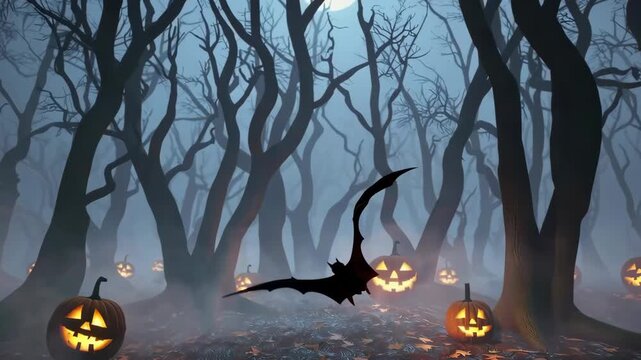 Spooky forest with glowing jacko'lanterns and flying bats at dusk