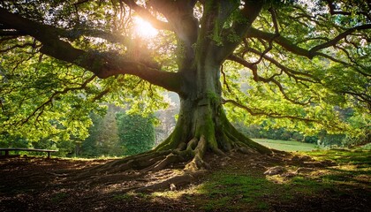 Obraz premium magnificent old tree with rich green foliage giant trunk huge branches roots sun shines through leaves creates light and shadow play nature beauty forest eco concept high quality image