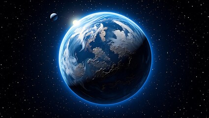 Stunning view of Earth and its moon from space with a dazzling sun, A captivating depiction of our planet bathed in cosmic light against a starry expanse
