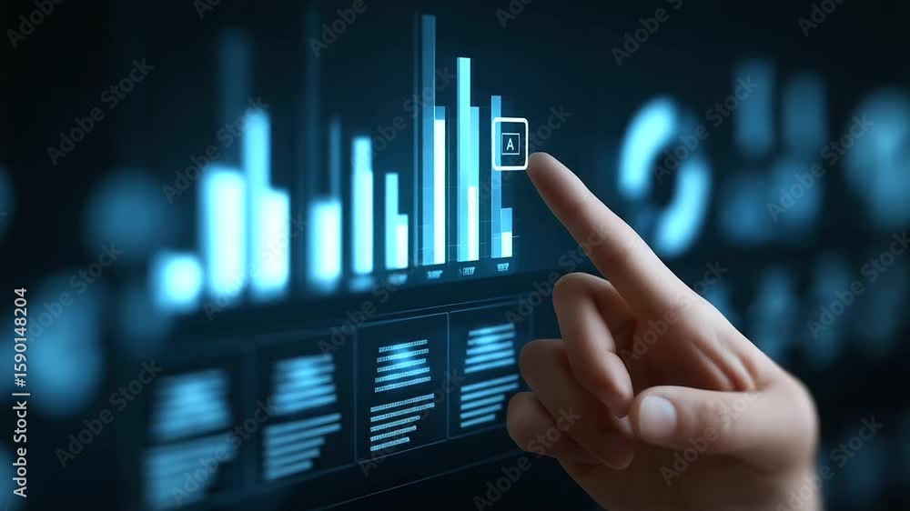 Poster interacting with a luminous ai chip hologram on a futuristic digital interface.