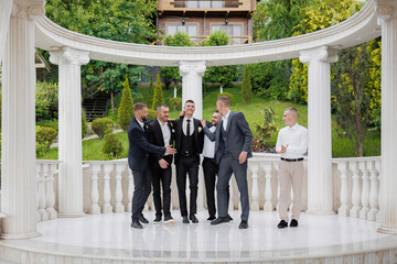 Groom and groomsmen celebrate together at elegant outdoor venue before wedding ceremony