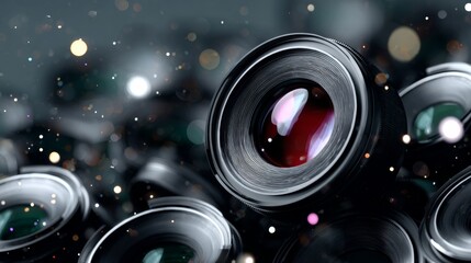 Collection of black camera lenses with a red lens in the middle