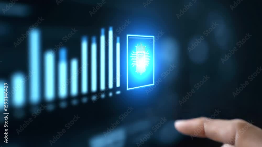 Poster interacting with a futuristic holographic ai chip on a digital interface.