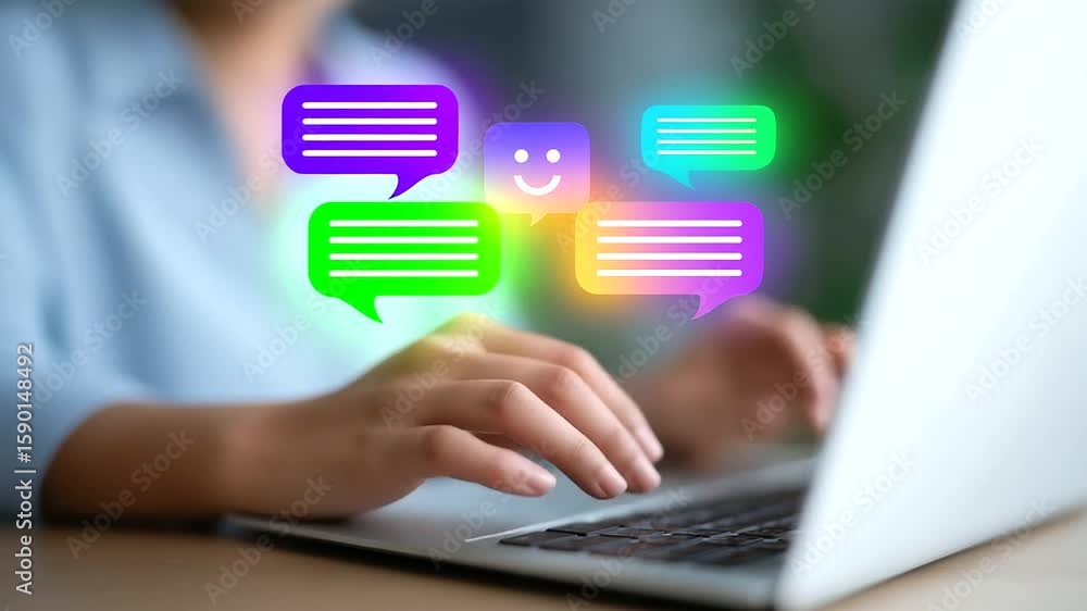 Poster a person types on a laptop as a chatbot avatar and speech bubbles appear on the screen.