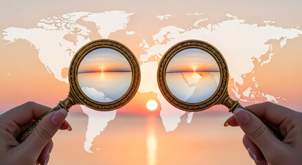 Two hands hold magnifying glasses, each showing a sunset over water against a translucent world map background, symbolizing global exploration and discovery