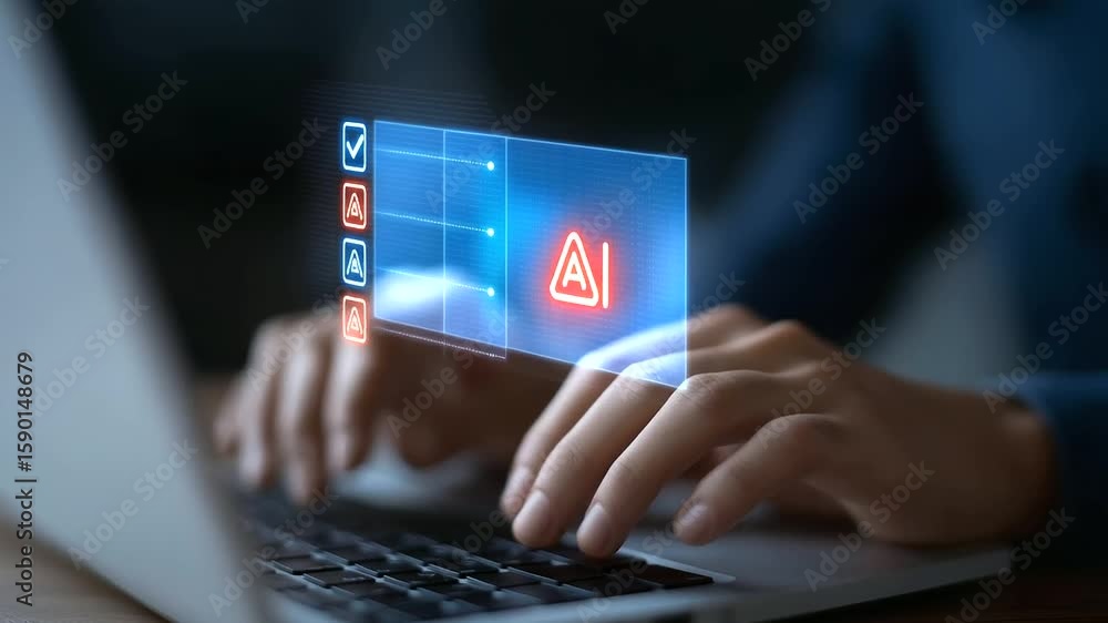 Aufkleber person typing on a laptop with futuristic holographic checkboxes and an ai interface display.