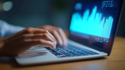 Person typing on a laptop with a futuristic holographic analytics dashboard display. - Powered by Adobe