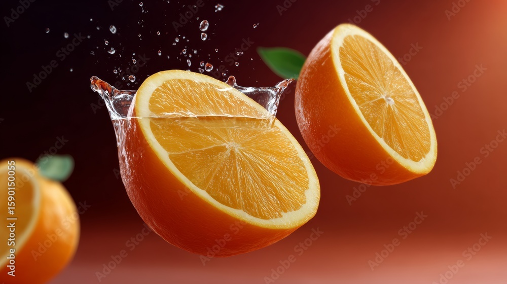 Poster close up of an orange with a slice missing