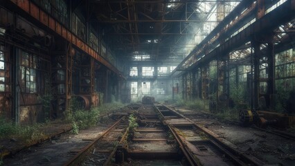 An overgrown and decaying abandoned factory hall with rusty machinery and tracks, bathed in soft, eerie light, creating a desolate and forgotten industrial atmosphere.