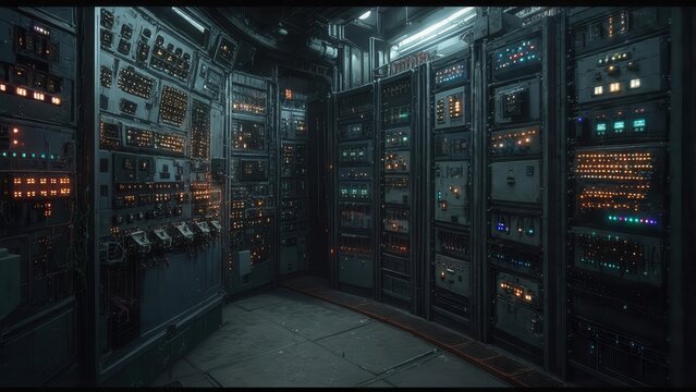 A wide shot of a dark, complex server room filled with rows of glowing racks and intricate wiring, symbolizing data processing and advanced computing.