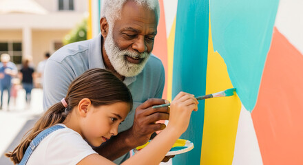 Girl and senior man painting together on a colorful wall, showcasing intergenerational collaboration and creative learning