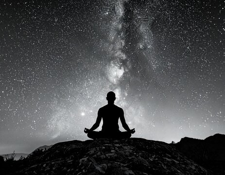 silhouette of a man meditating under a beautiful starry universe