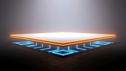 Futuristic neon stage platform with orange and blue glowing lights