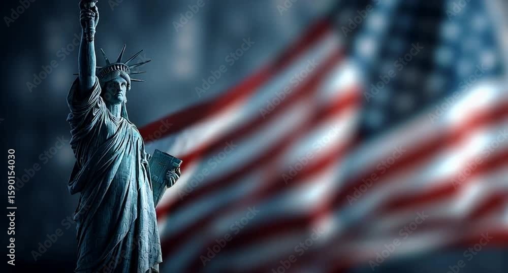 Poster the statue of liberty with the american flag in the background the background is blurred and should 