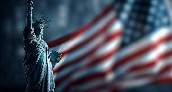 The Statue of Liberty with the American flag in the background The background is blurred and should have an American flag Generative AI