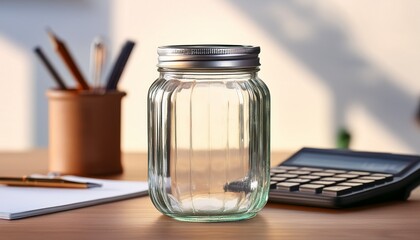 clear glass jar on a desk with stationery and a calculator in the background