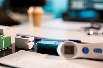 Empty medical office with modern consultation tools on the table, ready for check up appointments...