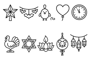 Holiday and celebration outline icon set. christmas, hanukkah, thanksgiving, diwali