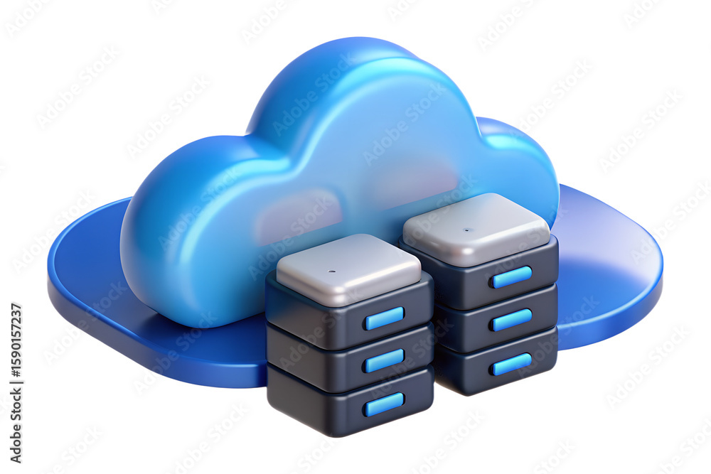 Poster a stylized blue cloud with stacked storage servers connected on a black isolated background render o