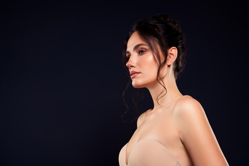 Charming brunette woman in glamorous lingerie with stylish hairdo posing against a dark background