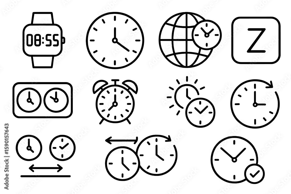 Poster time and clock linear icon set. alarm, watch, zone outline collection for projects
