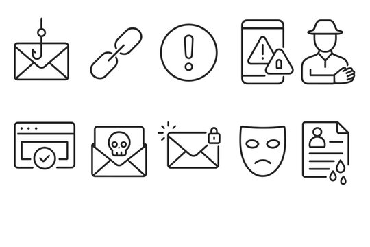 Cybersecurity threat outline icon set. hacking, phishing symbols in outline style