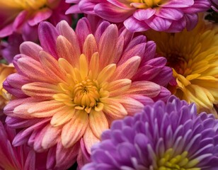 Obraz premium vibrant close up of blooming chrysanthemums in a stunning mix of pink yellow orange and purple hues showcasing nature s beauty in rich floral textures and soft petals