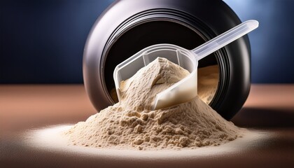 protein powder spilled from a container with a measuring scoop