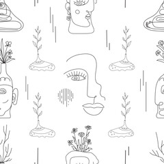 Creative seamless pattern with decorative vases in minimalist art. Black and white. Hand drawn vases with faces, female face, abstract geometric elements. Contemporary vector illustration.