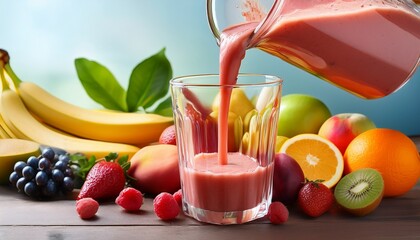 refreshing smoothie being poured into a cup with fruits in the background