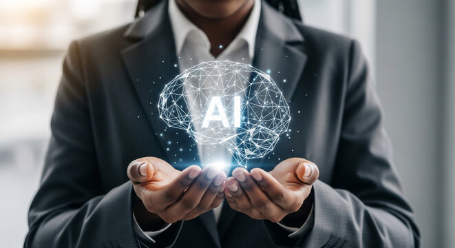 Person in business attire gently cradles glowing AI brain graphic, symbolizing artificial intelligence, innovation, and technological advancement in business - Powered by Adobe